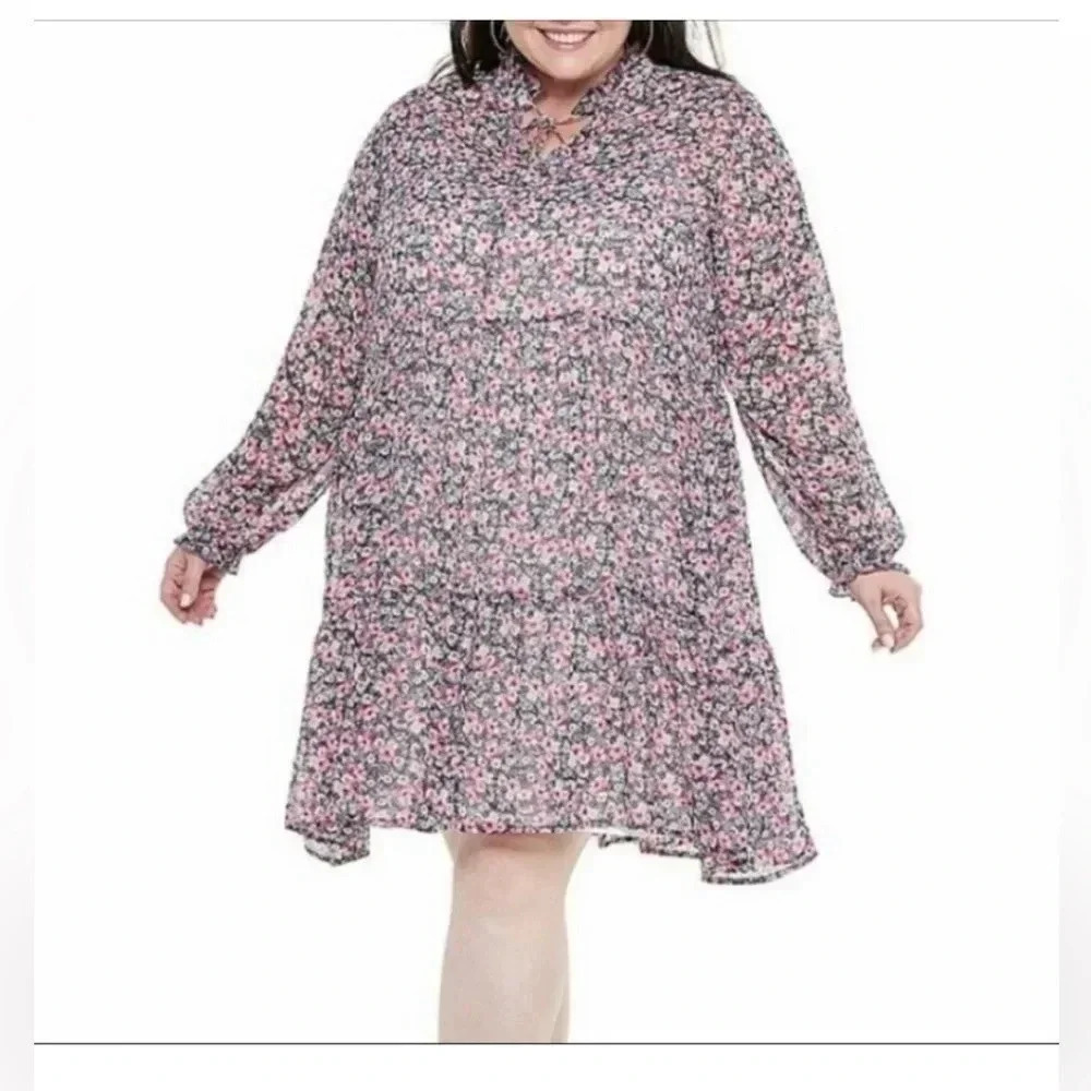 EVRI Floral Tiered Chiffon Dress Sheer